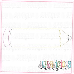 Peut inclure: Contour noir et blanc d'un crayon avec une gomme rayée jaune, grise et rose. Le crayon est sur un fond blanc avec le texte "Alphalicious Designs" en lettres colorées en bas.