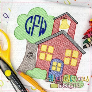 School House with Tree - Sketch - Applique Design - Instant Download - Quick Stitch