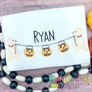 May include: Embroidered design of two white dogs holding a string of jack-o'-lantern buckets with the name "RYAN" above them.