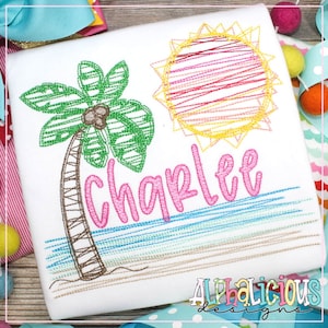 May include: Embroidered design featuring a palm tree, sun, and the name "Charlie" in pink script. The design is on a white fabric with a blue and green striped background.