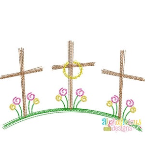 Three Crosses on a Hill with Flowers Doodle Embroidery Design Quick Stitch Instant Download image 2