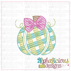 May include: A yellow, blue, and white checkered pumpkin with a pink bow. The pumpkin is outlined in brown and has a green stem.
