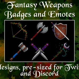 Fantasy Waffen Twitch Sub Anstecker und Emotes | Discord Emojis | Mittelalter Fantasy Thema | Buntes Design für Streamer