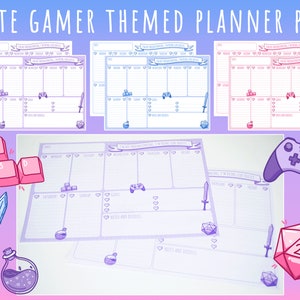 Peut inclure: Un planificateur PDF imprimable sur le thème du jeu vidéo mignon. Le planificateur présente une mise en page hebdomadaire avec des sections pour le lundi au dimanche, ainsi que des notes et des gribouillis. Le planificateur est décoré d'illustrations mignonnes sur le thème du jeu vidéo, notamment une épée, une fiole de potion, une manette de jeu et un dé à 20 faces.