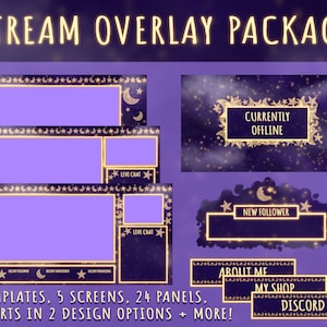 Purple Clouds Stream Overlay Package | For Twitch | Celestial | Moon and Stars | Overlays, Screens, Alerts, Panels