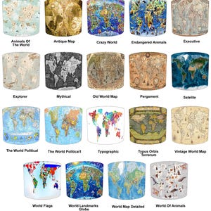 May include: A selection of lampshades displaying diverse world map designs. The designs include antique, political, and themed maps, such as "Crazy World" and "World of Animals." Each lampshade presents a unique map illustration.