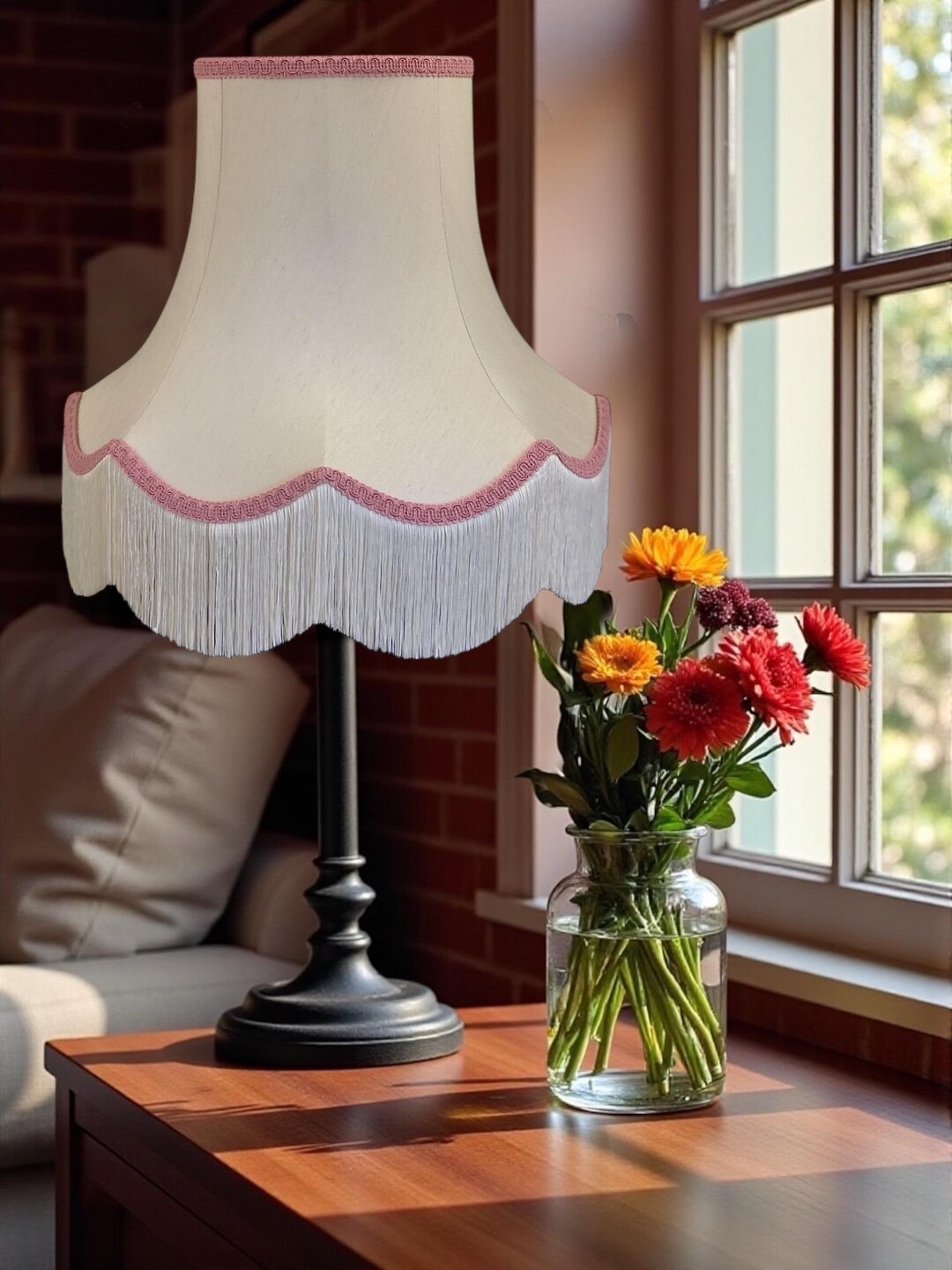 Cream Dupion Fabric Lampshade: Pink Braid Fringe, Handmade UK, Table ...