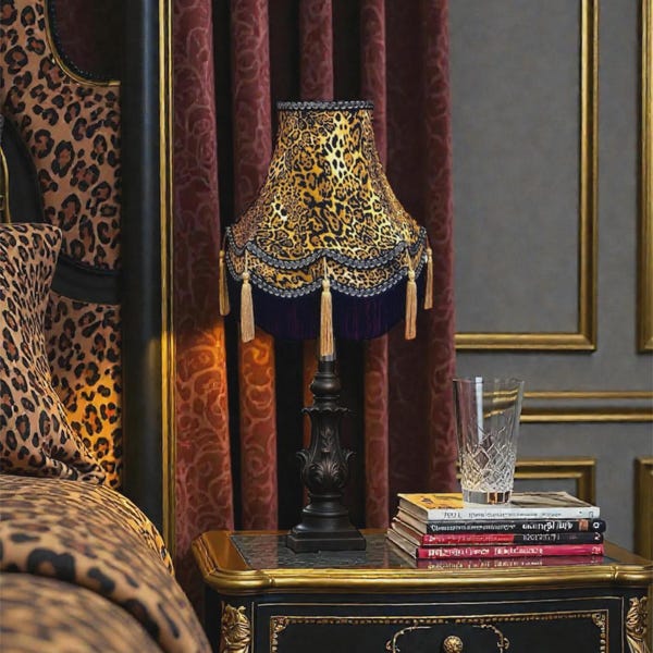 Vintage Leopard Print Lampshades, Black Gold Braid Fringe, Designed & Handcrafted in Great Britain