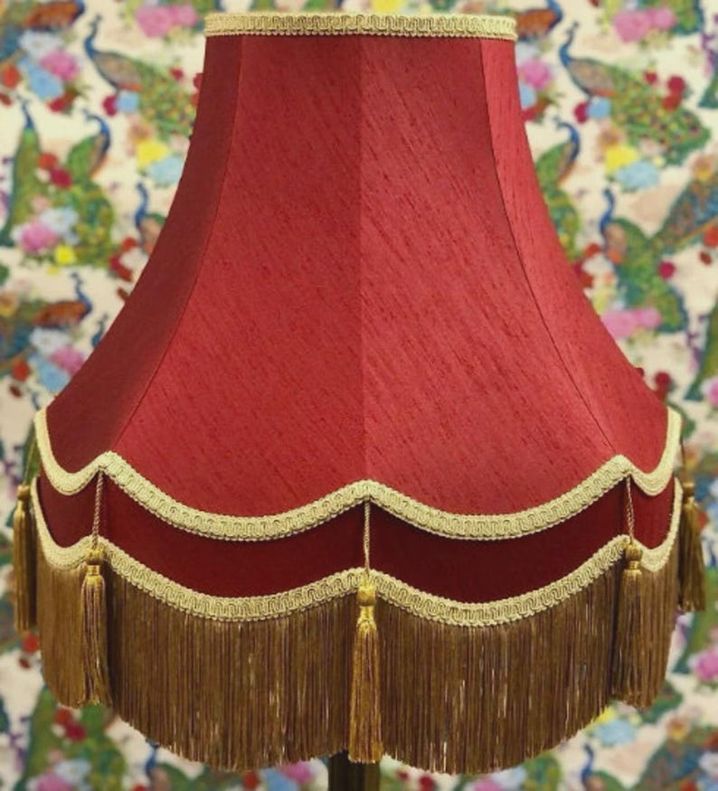 Handmade Burgundy Red Lampshade with Antique Gold Fringe and Scalloped Shade