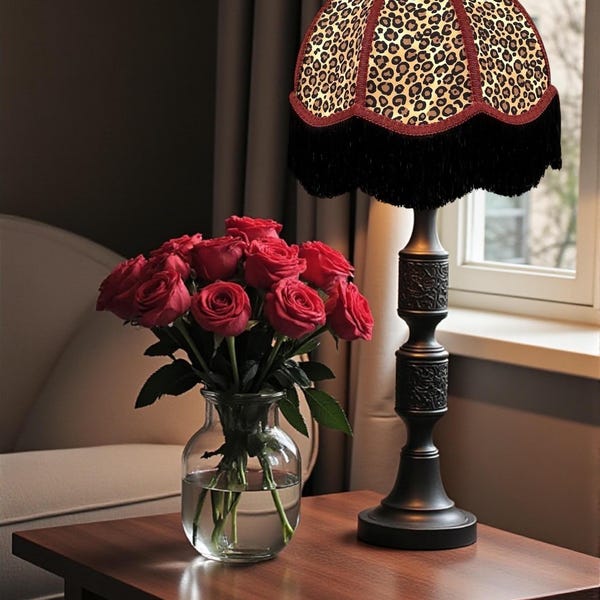 Handmade Leopard Print Dome Lampshade: British Craftsmanship, Burgundy Braid, Black Fringe
