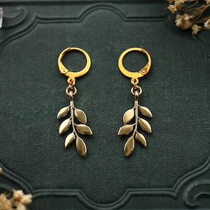 Gold Leaves Earrings Hoops Stainless Steel image 1