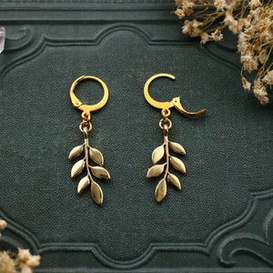 Gold Leaves Earrings Hoops Stainless Steel image 4