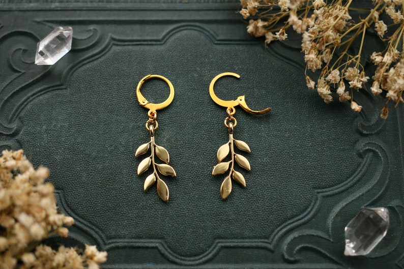 Gold Leaves Earrings Hoops Stainless Steel image 4