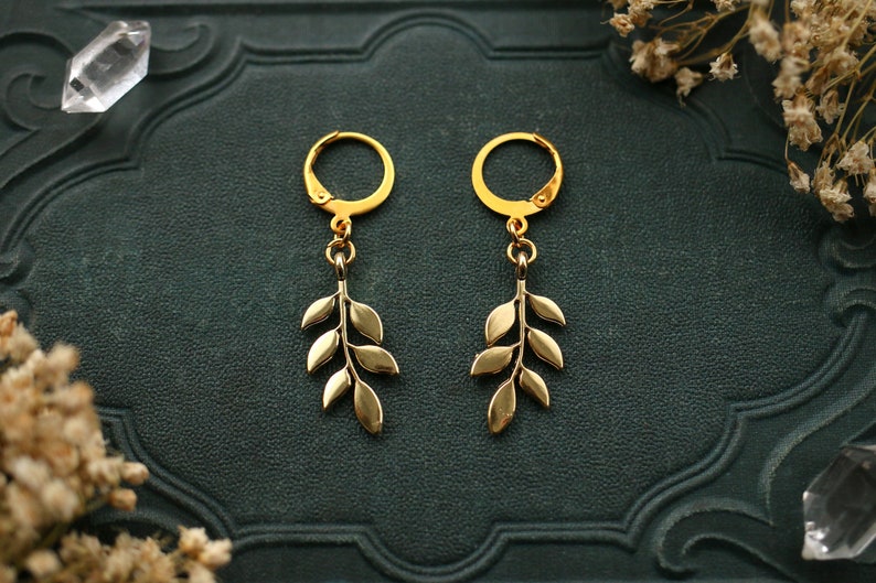 Gold Leaves Earrings Hoops Stainless Steel image 1