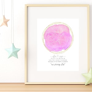 Carte céleste personnalisée à l’aquarelle pour bébé - Cadeau de fête de bébé personnalisé - Carte de constellation personnalisée - Cadeau de bébé de faire-part de naissance