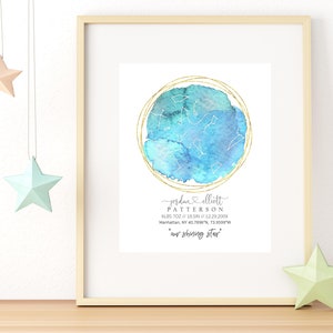 Cadeau bébé personnalisé - Carte céleste aquarelle personnalisée pour bébé - Cadeau pour bébé - Carte constellation personnalisée - Annonce de naissance Cadeau bébé