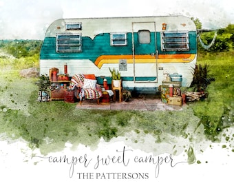 Custom Camper Watercolour Portrait - Custom Camper Gift - Camping Art - Painting from Photo - Camper Sweet Camper - Watercolour Painting