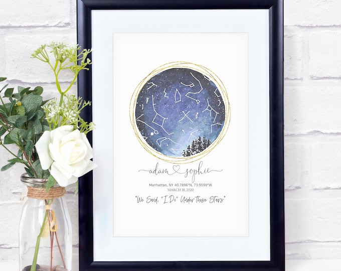 Custom Wedding Night Sky Star Map - Personalized Watercolor Celestial Map - The Night We Said I Do - Custom Constellation Map - Wedding Gift
