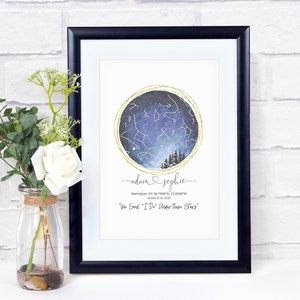 Carte personnalisée des étoiles du ciel de la nuit de noces - Carte céleste personnalisée à l’aquarelle - La nuit que nous avons dit que je fais - Carte de constellation personnalisée - Cadeau de mariage