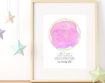 Personalized Watercolor Celestial Map For Baby - Custom Baby Shower Gift - Personalized Constellation Map - Birth Announcement Baby Gift