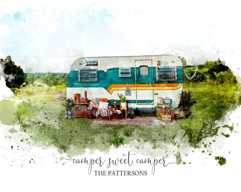 Custom Camper Watercolour Portrait Happy Camper Art Personalized Camper Image Painting from Photo Camper Sweet Camper Watercolor image 3