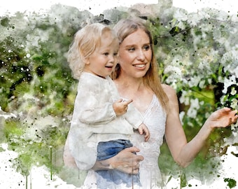 Custom Mother Daughter Watercolor Art - Watercolor Painting from Photo - Digital Watercolor Illustration - Custom Portrait of Mom and Child