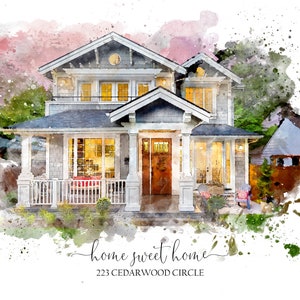 May include: A watercolour painting of a two-storey house with a front porch. The house is painted in shades of grey and white, with a brown door. The porch has a white railing and a red and white striped bench. The house is surrounded by green trees and bushes. The text "home sweet home" and "223 CEDARWOOD CIRCLE" is written below the house.