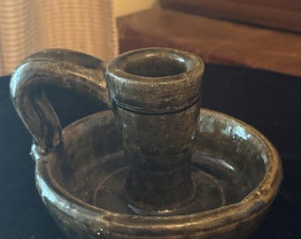 Vintage Lanier Meaders Folk Pottery Candle Holder W/  Wax Catcher Mossy Creek GA Signed, 1993