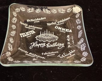 Vintage Svend Jensen Denmark Glass Birthday Tray MCM Scandinavian