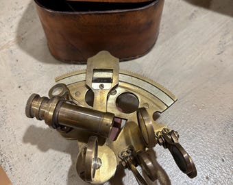 Vintage Brass Sextant Nautical Decor Maritime Instrument w Leather Case