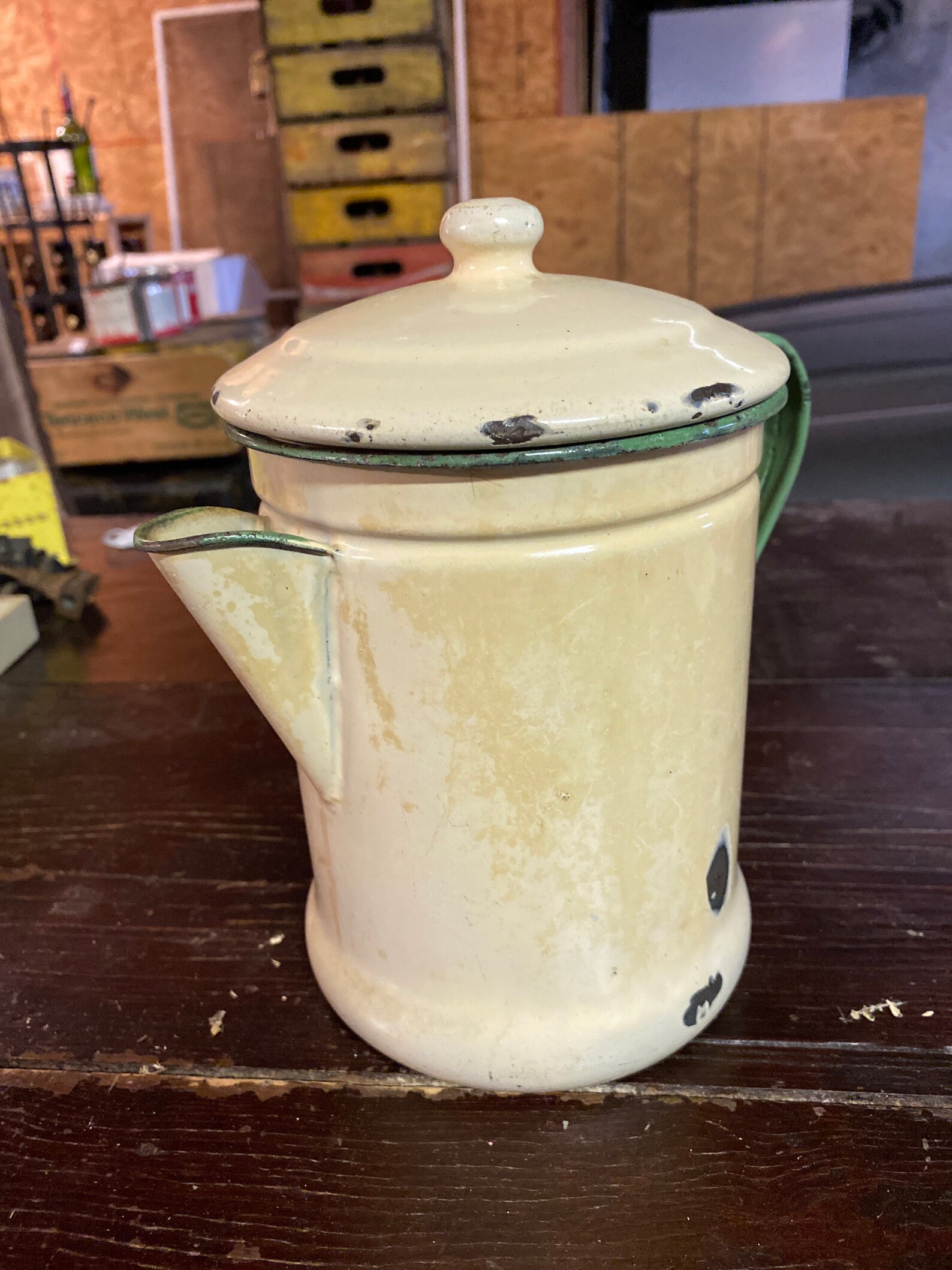Vintage green and cream enamelware coffee pot. Etsy