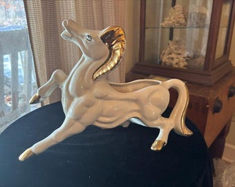Vintage Horse Planter White Gold Mid Century Hollywood Regency Ceramic Rearing Horse Figurine Glam Decor