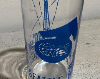 Vintage 1962 Seattle Worlds Fair Glass Tumbler Space Needle Century 21 Expo MCM Souvenir Blue Mid Century Modern Barware