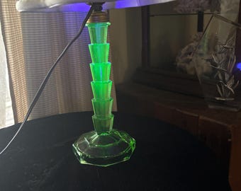 Art Deco Uranium Glass Boudoir Lamp Skyscraper Style Green UV Reactive Glass
