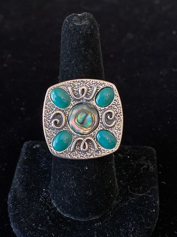 Sterling abalone and green onyx ring