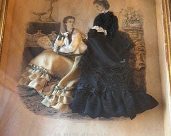 Antique French Fashion Shadow Box | La Mode Illustrée w/ Miniature Dresses | Victorian 3D Couture Display | Paris Fashion Art