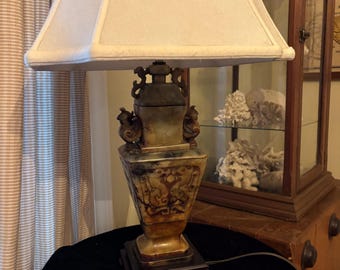 Vintage Carved Green Stone Table Lamp Foo Dog Motif Asian Style Hollywood Regency
