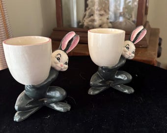 Vintage Holland Mold Bunny Egg Cups – Set of 2 – Mid Century Ceramic Rabbit Egg Holders – Easter Decor
