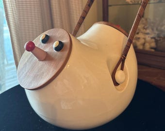 LaGardo Tackett Style Double Face Cookie Jar 1950s Mid Century Smiley Jar Rattan Handle Schmid Era MCM Kitchen Decor