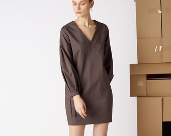 Minimal cotton dress / Short brown dress / Puff sleeve dress / Modern dress / long sleeve dress / Designer dress / Elegant dress