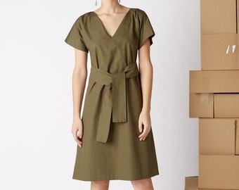 Belted dress / Wrap dress / Khaki dress / Summer dress / A-line dress / minimal dress / designer dress / women fashion / modern dress / OHMY