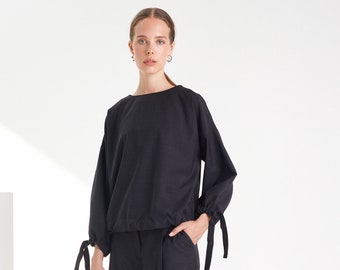 Black wool top / Loose minimal blouse / Long sleeve blouse / women top / minimal top / designer blouse / Wool blouse / Grey top/ OHMY