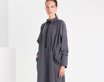 Grey oversized shirtdress / Midi grey dress /Elegant wool dress / Shirt type dress / Wool dress / minimal dress / Plus size dress / oversize