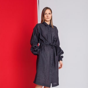 Robe enveloppante en lin Robe chemise en lin Robe midi en lin Robe en lin / OHMY image 1