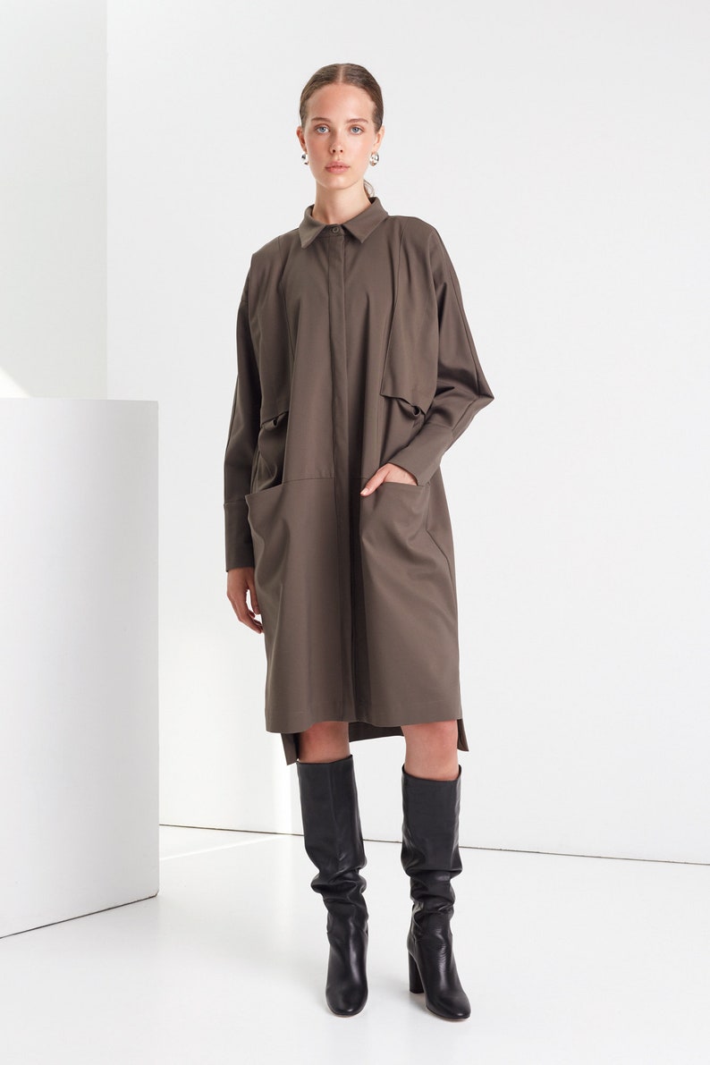 Oversized shirt dress / Military green cotton dress / Plus size dress / Shirt dress / Women clothing / Cotton dress / Khaki dress / One size image 1