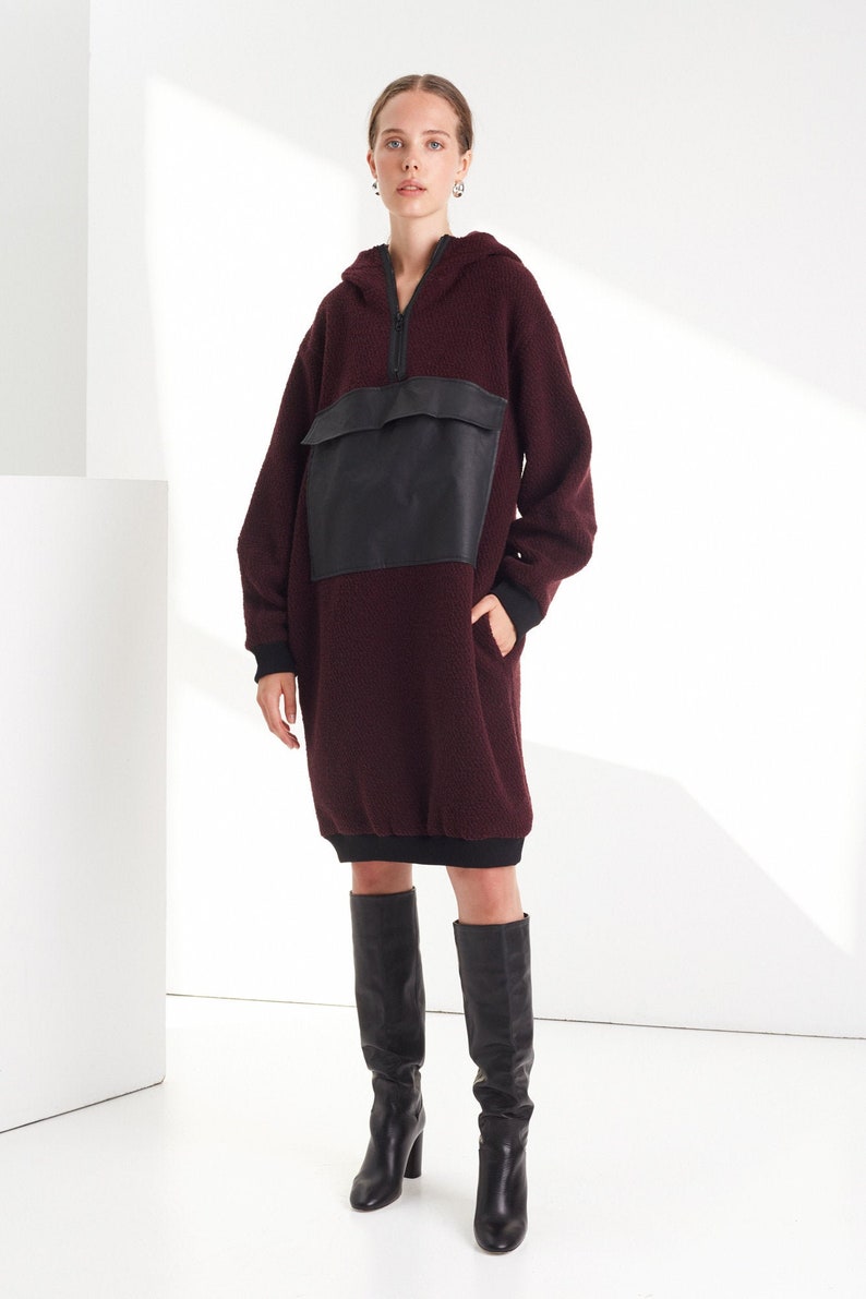 Burgundy wool coat Wool sweatshirt Burgundy oversized sweatshirt Burgundy coat Minimalist clothing