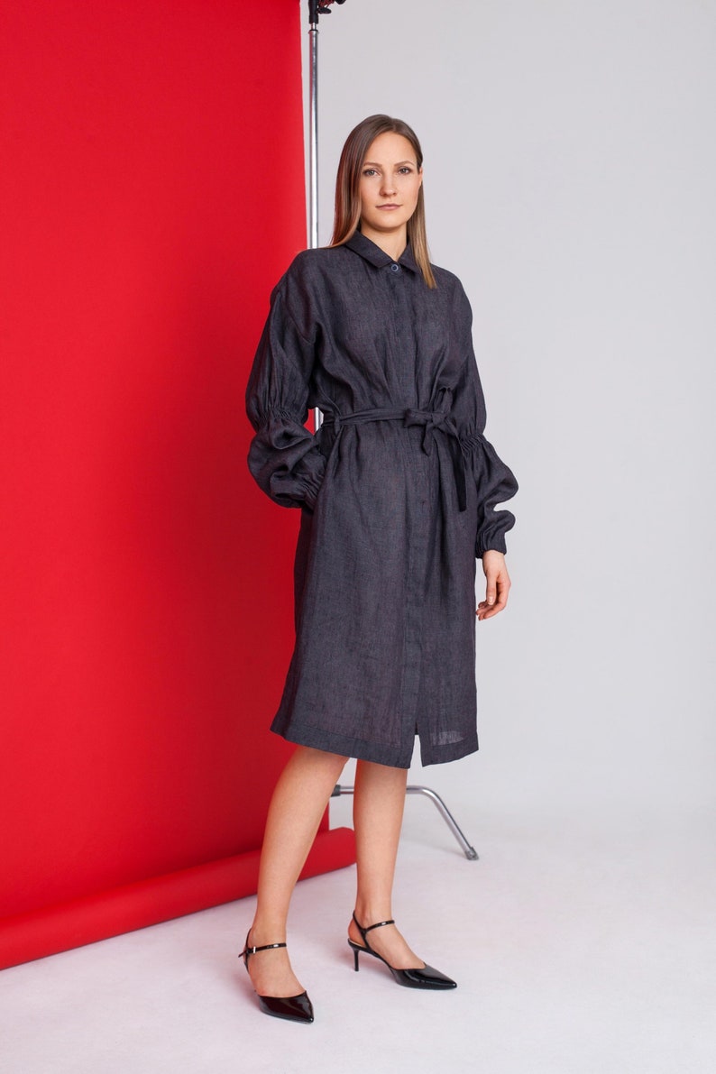 Robe enveloppante en lin Robe chemise en lin Robe midi en lin Robe en lin / OHMY image 1