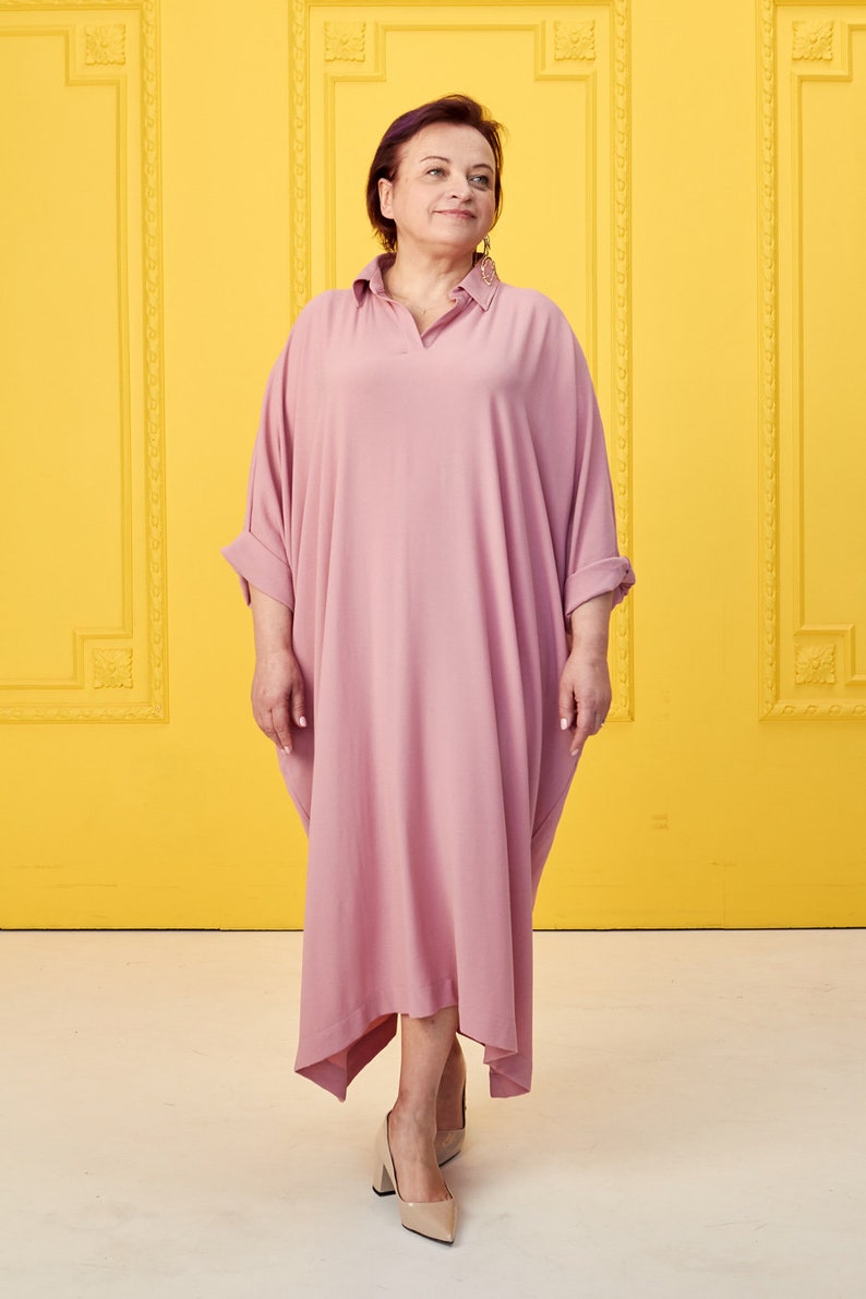 One size loose minimal dress / plus size dress/ oversized dress / pink shirt dress/ long shirt dress/ evening dress / designer dress image 2