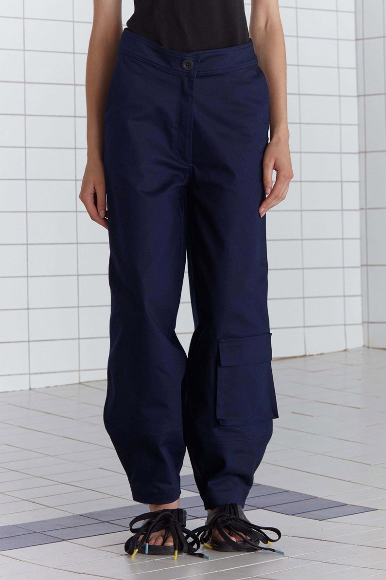 High waist jeans / Navy blue cargo pants / Denim pants / Denim trousers / Gorpcore jeans / Racing jeans image 1