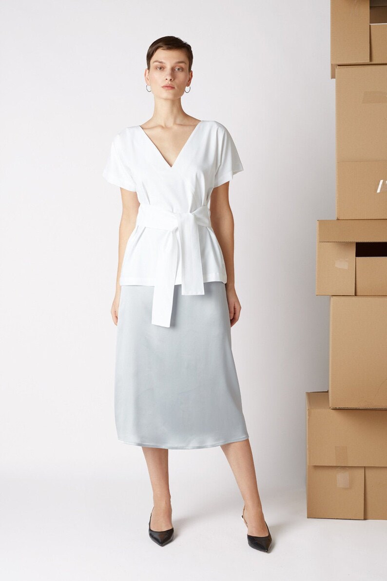Minimal top with belt PLAN / white top / summer top / white blouse / OHMY image 1